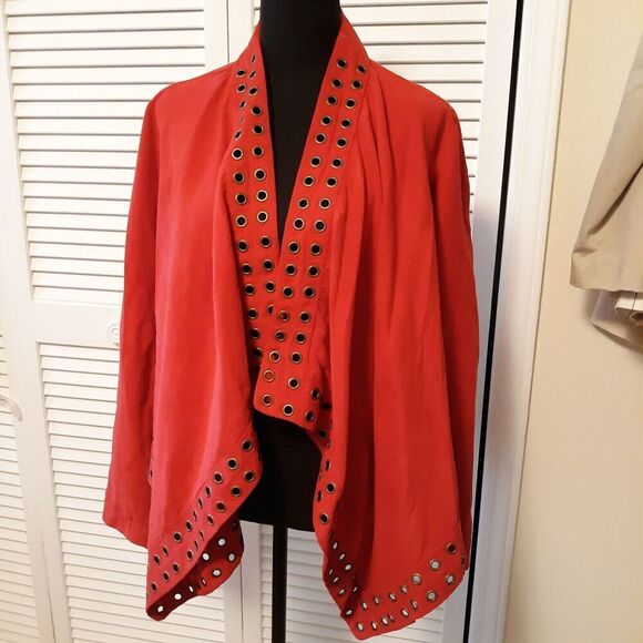 Versona Womens Draped Jacket Red Open Front Riveted Faux Suede Large - Picture 1 of 6